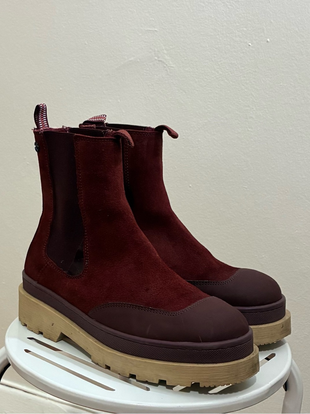 Scotch & Soda Burgundy Suede Lug-Soled Chelsea Booties